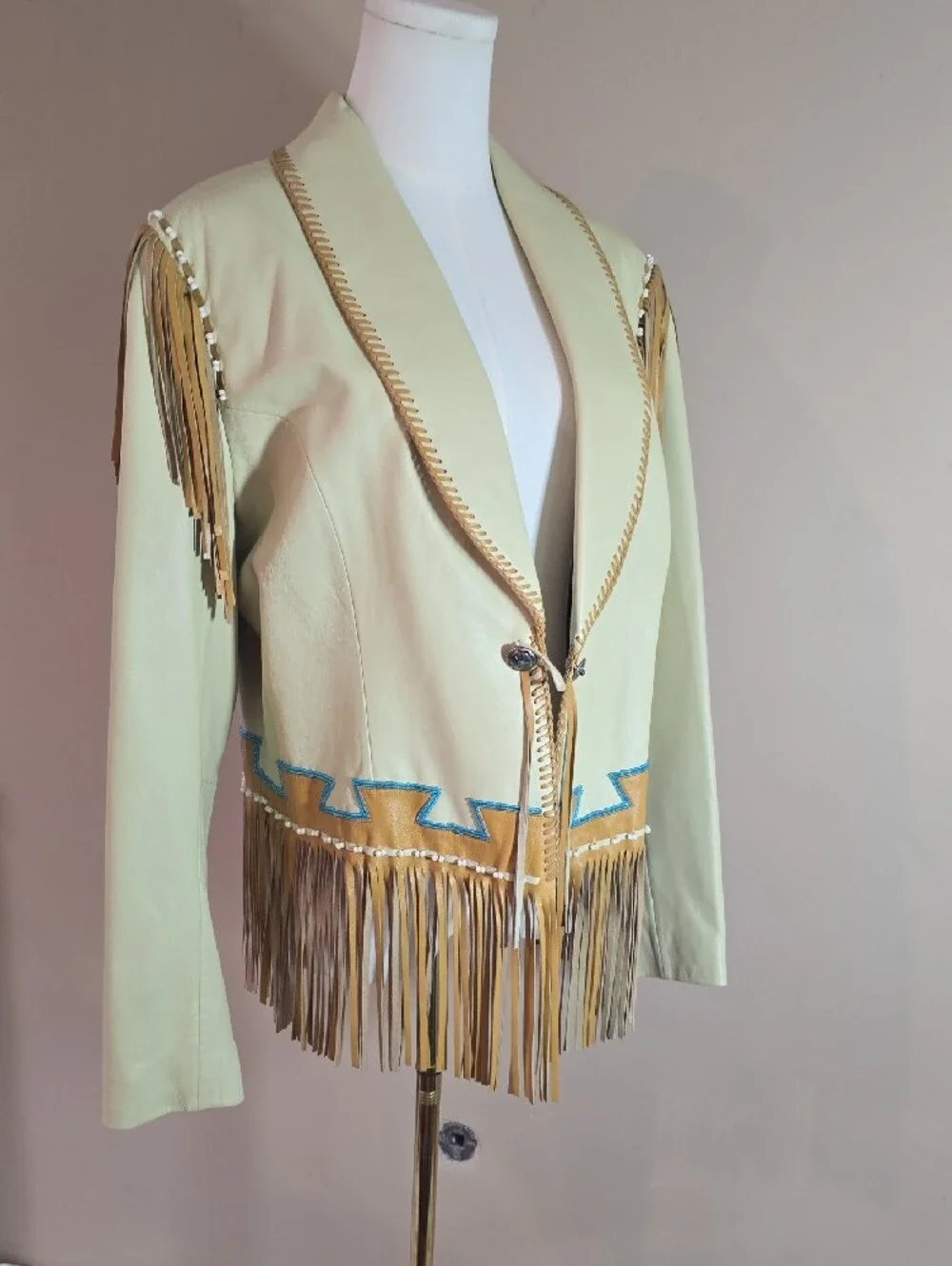 Fringed Pale Yellow Faux Leather Jacket with Turquoise Trim - Picture 14 of 15